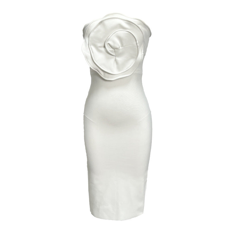 Internet Celebrity White Three Dimensional Large Floral Design Tube Top Dress Bandage Dress