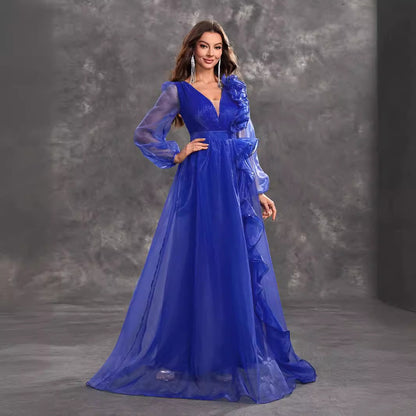 Women Prom Evening Dress V Neck Long Sleeve Three Dimensional Flounce Decorative Elegant Dress