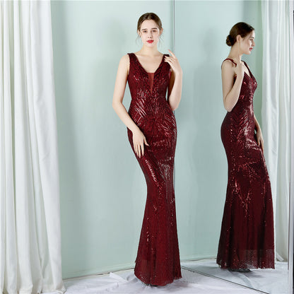 Positioning Floral Sequin Cocktail Elegant Long Sleeveless Sequined Aura Queen Fishtail Dress