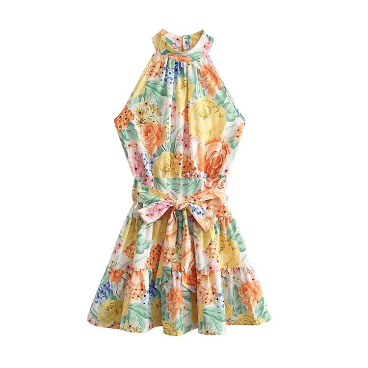 Vestido de primavera-verano con estampado floral francés, con cordones, escote halter, volantes, hombros descubiertos y costuras cortas