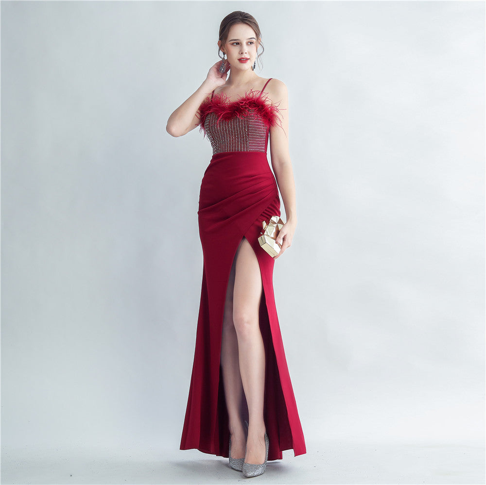 Craft Order Ostrich Feather Drilling Sling Side Slit High End Evening Dress