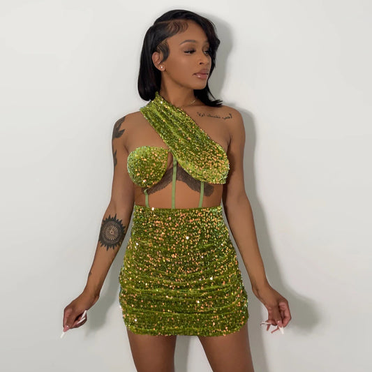 Green See-through Sequin Gauze Wrapped Chest Sloping Shoulder Backless Short Dress for Women