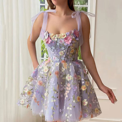 Vestido camisero sexy con bordado floral tridimensional para mujer de organza