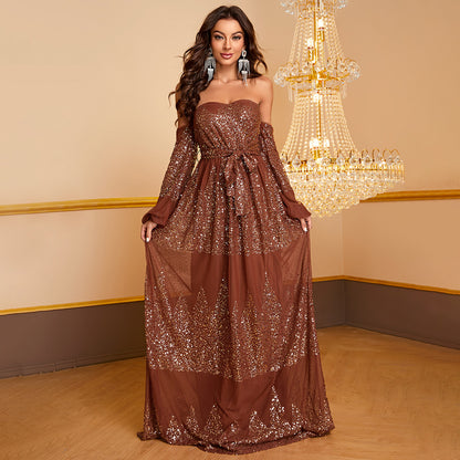 Robe longue à paillettes, haut tube, robe à manches longues, robe de soirée élégante