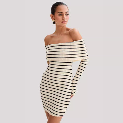 Beach Vacation Off Shoulder Striped Long Sleeve Off Shoulder Collar Knit Casual Short Dress Women