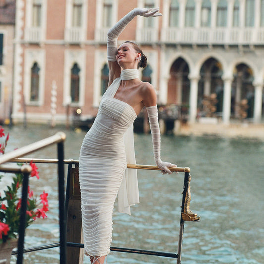 Robe d'été en maille avec gants blancs et ruban pour femme, vêtements à licou, robe en dentelle, robe à la hanche