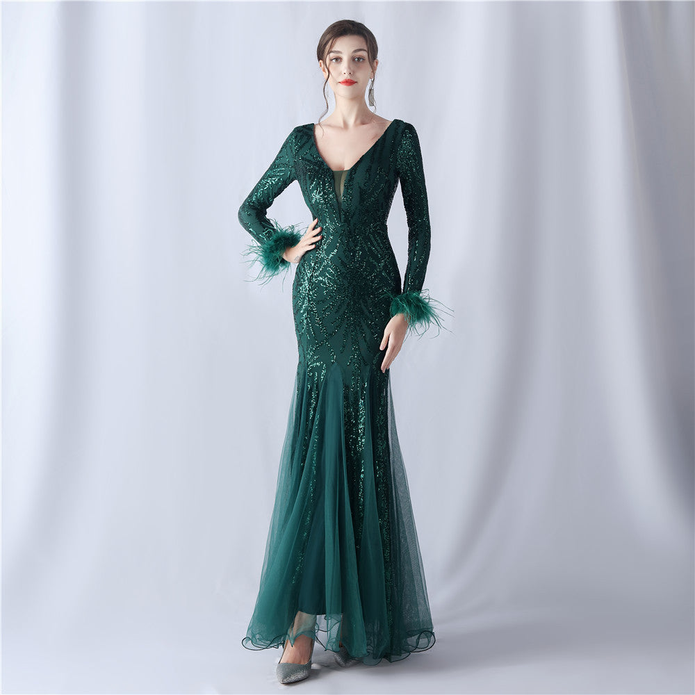 Ostrich Hair Mesh Sequin High End Evening Dress