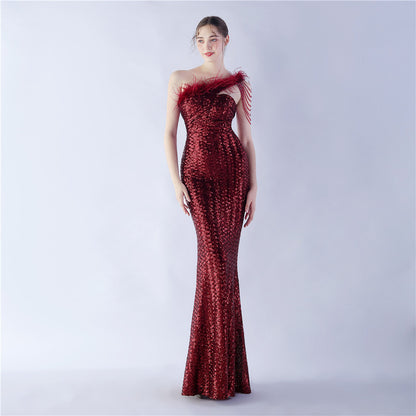 Ostrich Hair Beaded Magic Color Sequin Dinner Exhibition High End Evening Dress