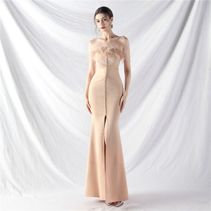 Art Bag Buckle Hand Ordered Ostrich Feather Satin Long Evening Dress