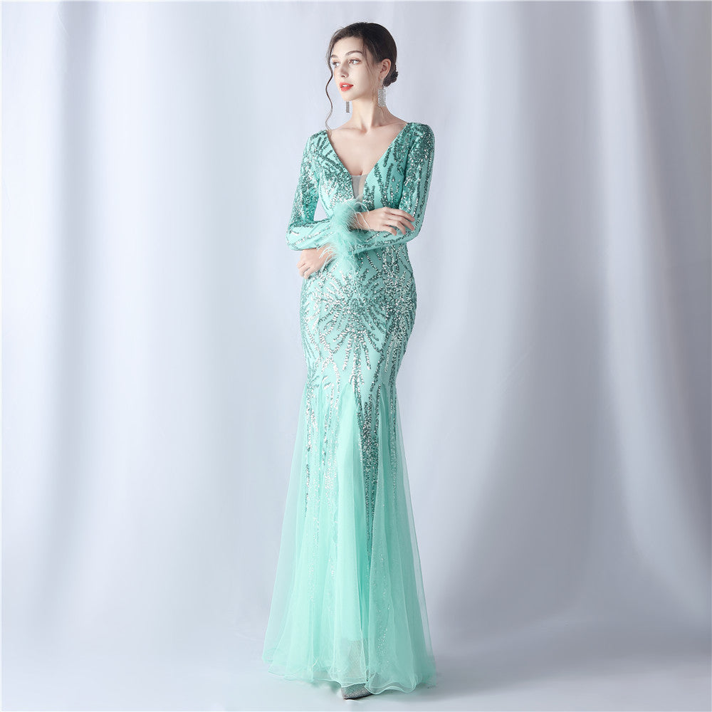 Ostrich Hair Mesh Sequin High End Evening Dress