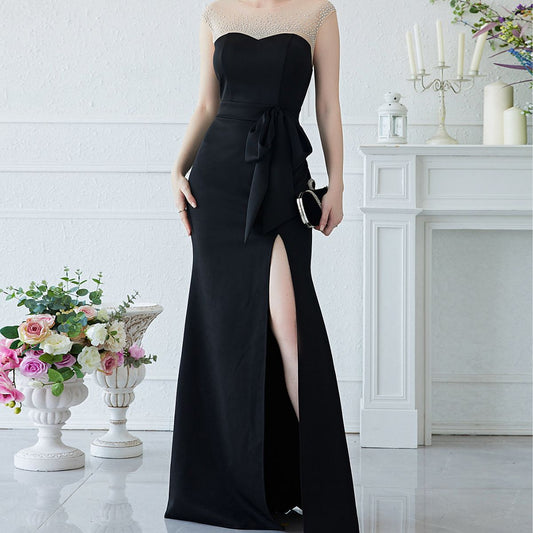 Evening Dress Rhinestone Stitching Sleeveless Prom Party Dress Fishtail Dress Slit Maxi Dress