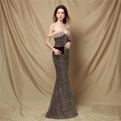 Classic off Shoulder Fishtail Evening Dress for Women Elegant Cocktail Annual Meeting Elegant Velvet Queen