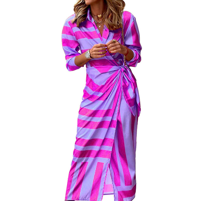 Women Personal Casual Long Sleeve Striped Printed Dress Wrap Dress