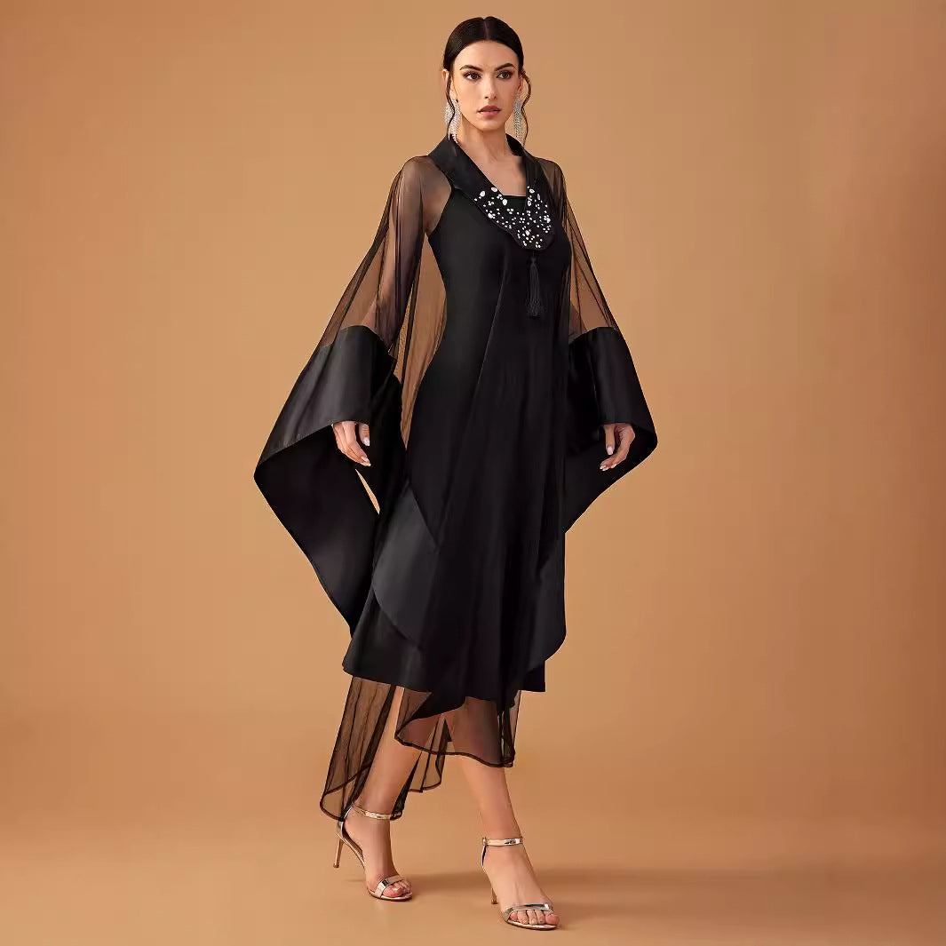 Robe de soirée cocktail pour femme Mid East Wind Strass Col en V Manches longues Robe cape deux pièces