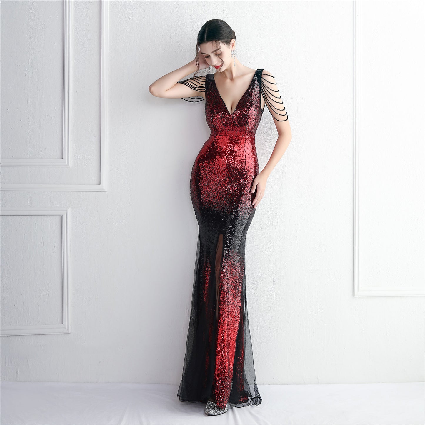 Gradient Sequin Craft Beaded Party Dress Long Cocktail Slim Fit Evening Dress Elegant Long