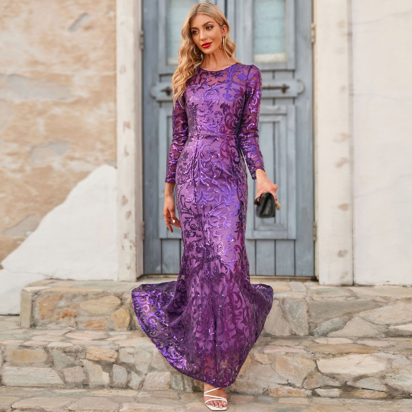 Printemps automne robe à paillettes violet col rond longue robe de soirée robe à manches longues