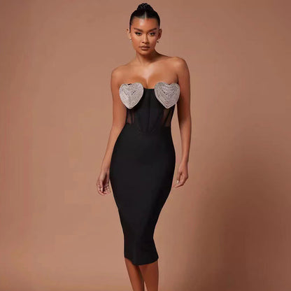 Sexy Mesh See through Love Rhinestone Tube Top Bandage Dress Party Evening Party Dress