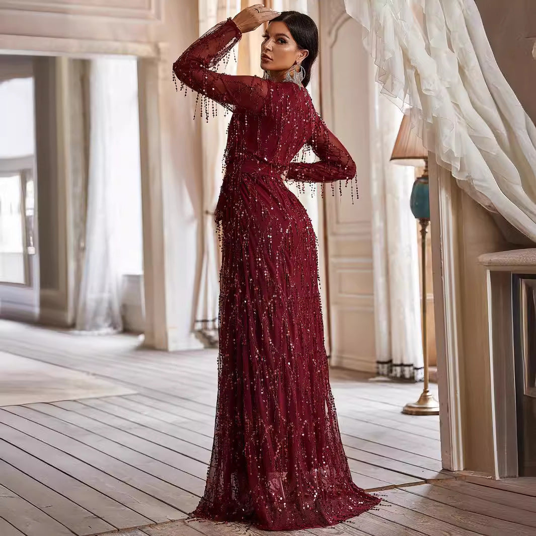 V Neck Dress Elegant Sequin Tassel Long Sleeve Deep V Plunge Neck Maxi Ball Gown Dress