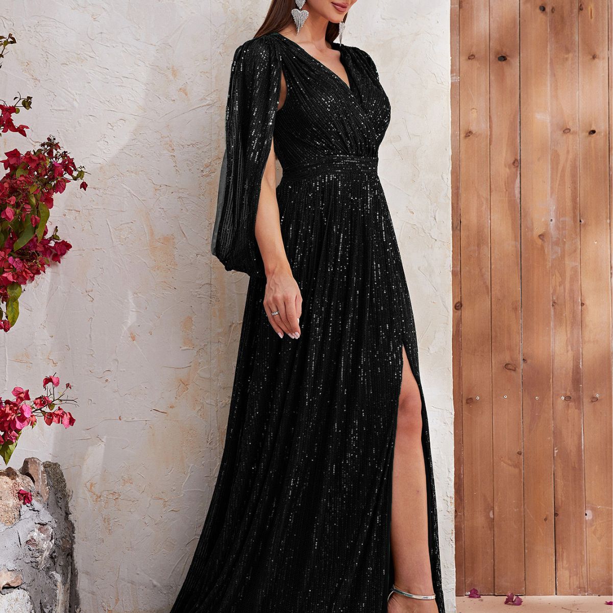 Robe populaire à paillettes, col en V, robe de soirée, robe longue fendue, robe de cocktail haut de gamme