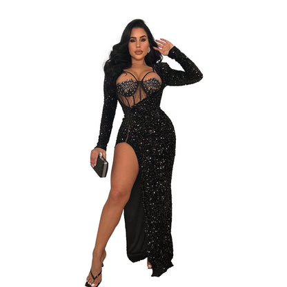 Robe longue fendue sexy de couleur unie pour femmes, comprenant une combinaison sexy, ensemble deux pièces