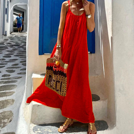 Ropa de mujer Vestido de lino de algodón bohemio de playa sin espalda con tirantes de verano