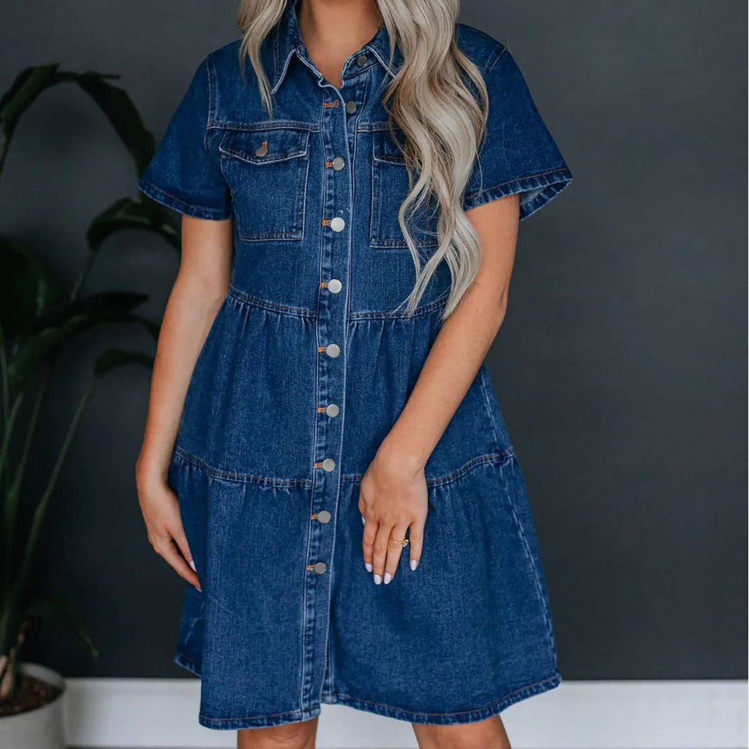 Summer Short Sleeve Collared Casual Women Denim Dress