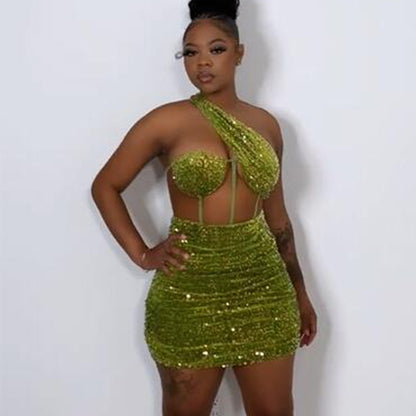 Green See-through Sequin Gauze Wrapped Chest Sloping Shoulder Backless Short Dress for Women