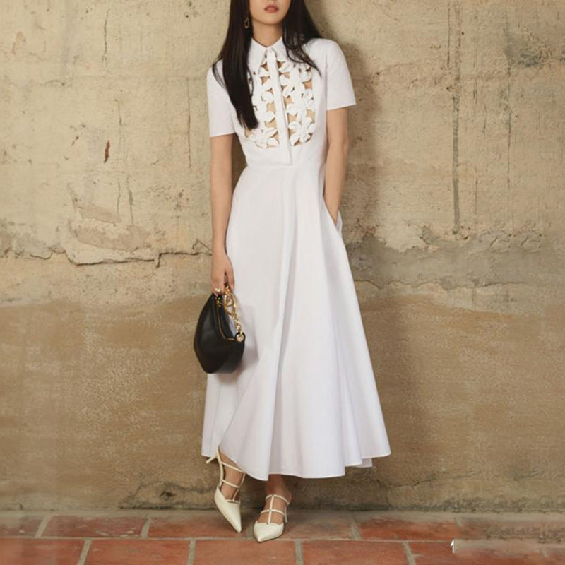 French Tea Break Dress Summer Polo Collar Hollow Out Cutout Three Dimensional Floral Decoration High Waist Dress Women