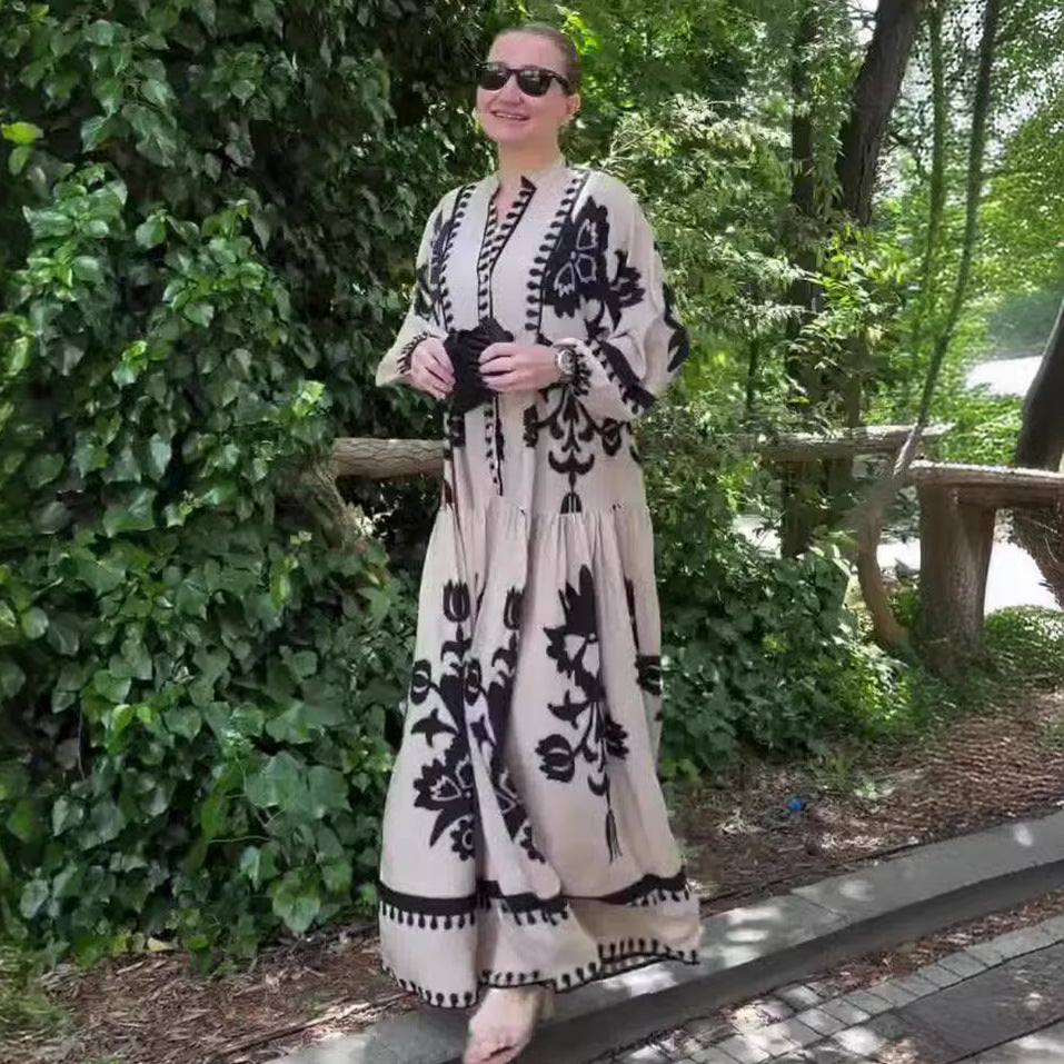 Vestido de manga larga de verano Ropa casual para mujer Vestido de patrón retro con estampado de jersey