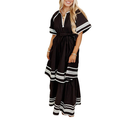 French Summer Tail Round Neck Flared Sleeves Lace Up Tight Waist Solid Color Striped Patchwork Maxi Dress Dress Women