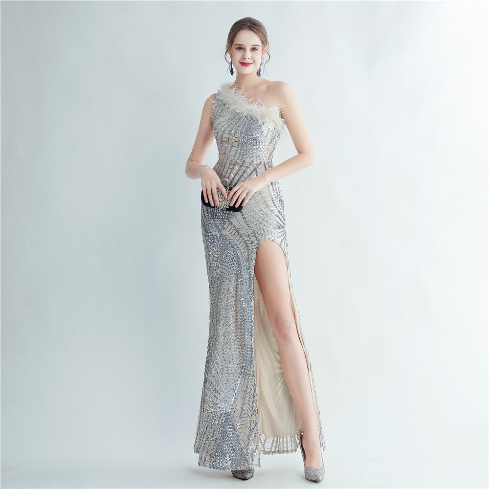 High Density Ostrich Hair Sequ Positioning Floral Oblique Shoulder Collar High End Evening Dress