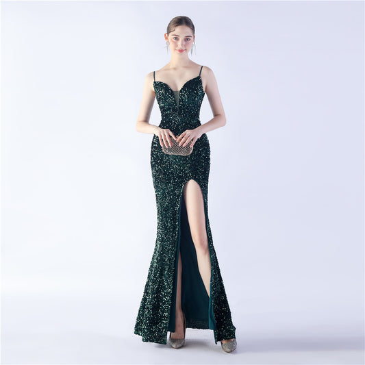 Colorful Sequin Side Slit Long Strap Evening Dress