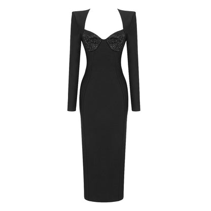 Fall Sexy V Neck Long Sleeve Diamond Elastic Bandage Dress Party Cocktail Mid Length Formal Dress