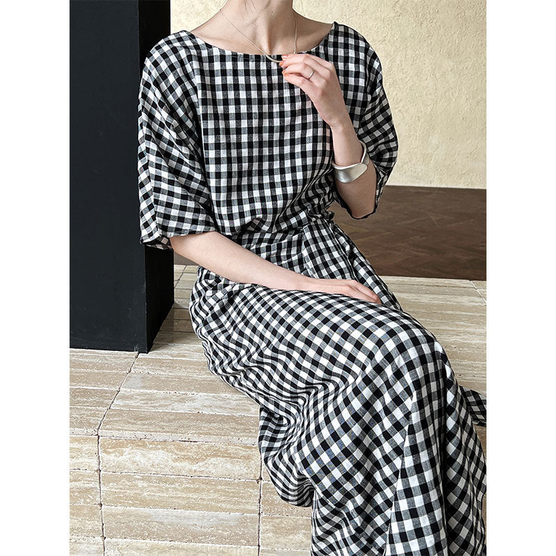 French Irregular Asymmetric Strap Color Contrast Check Dress Women Summer Slimming