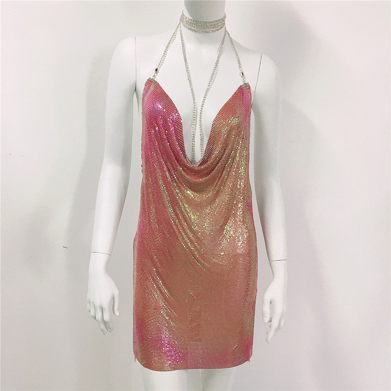 Metallic Coated Fabric Women Clothing Metal Sequ Dress Sexy Sweet Spicy Dress Rhinestone Cami Dress Women