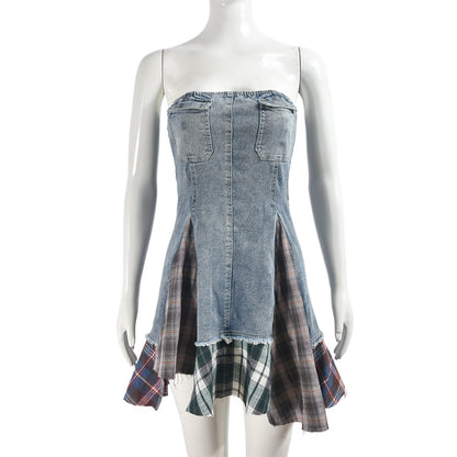 Robe en Denim élastique pour femmes, Bandeau populaire, Sexy, couleur contrastée, carreaux, fausse poche