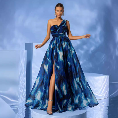 Robe longue asymétrique pour femme, imprimé tie-dye, sans manches, robe élégante fendue pour les vacances