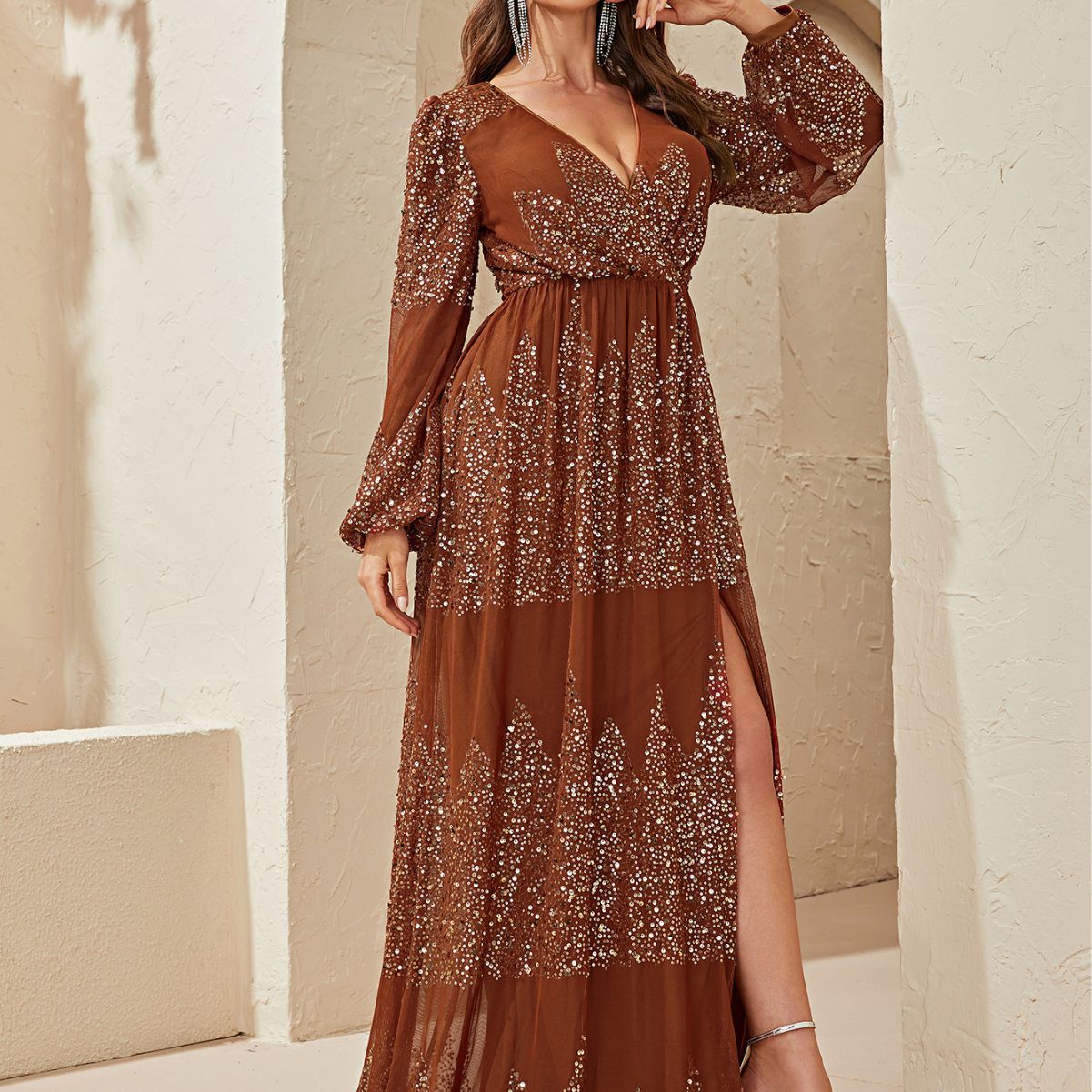 Maxi Dress Long Sleeve Sequined Chiffon Deep V Plunge Neck Split Waist Fitted Dress