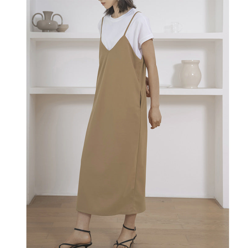 Simple Casual All Match Sling Dress Women Length Adjustable Solid Color Loose Maxi Dress