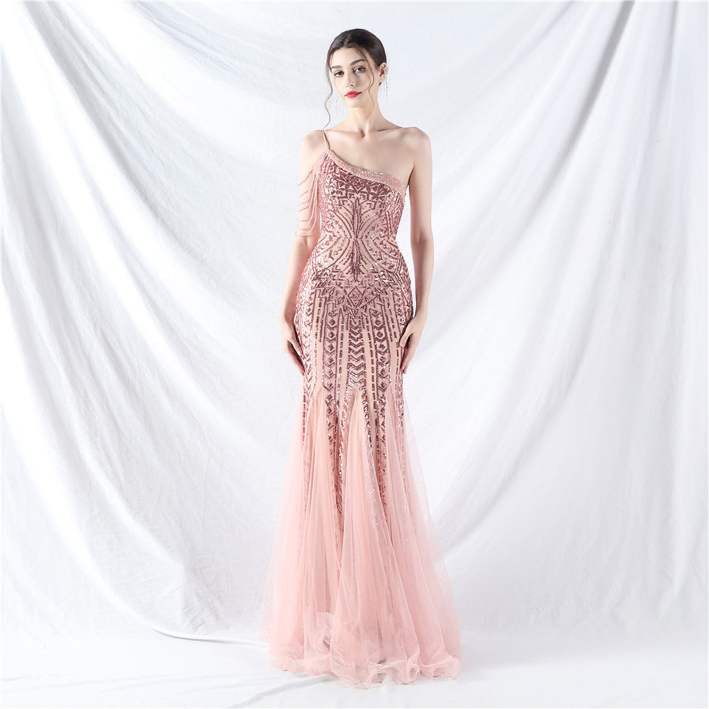 Dress Craft Beading Positioning Floral Sequin Stitching Mesh High-End Evening Dress