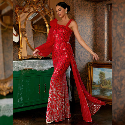 Robe longue de soirée à paillettes, élégante et Sexy, manches longues, col diagonal, dos nu, robe de Cocktail, demoiselle d'honneur, moulante, Maxi, pour femmes