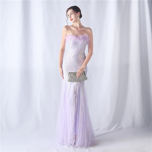 Plume d'autruche positionnement coupe florale mariage réunion annuelle bustier tubulaire paillettes gaze robe de soirée