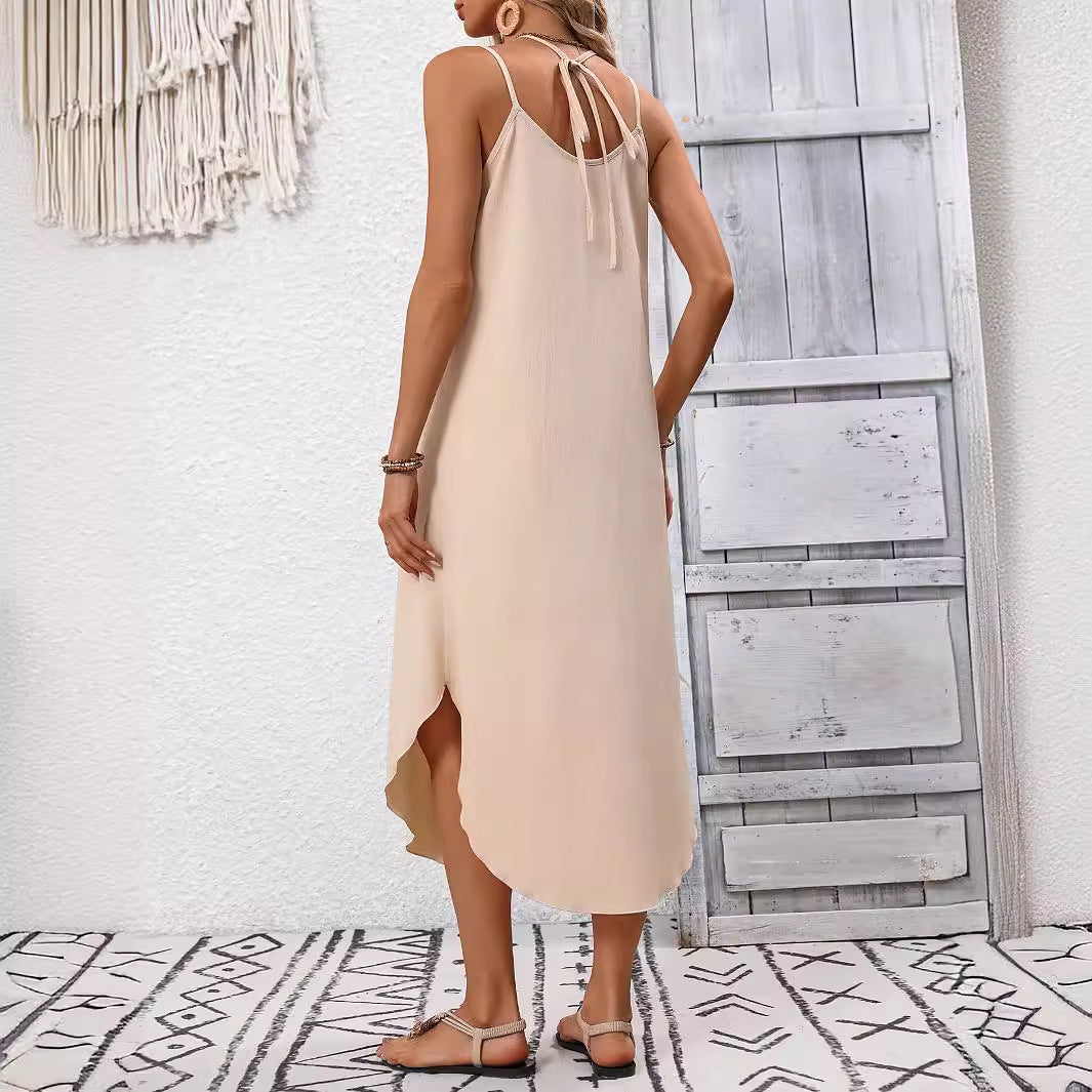 Women Summer Casual Tied Spaghetti Strap Irregular Asymmetric With Personality Hem Dress outside