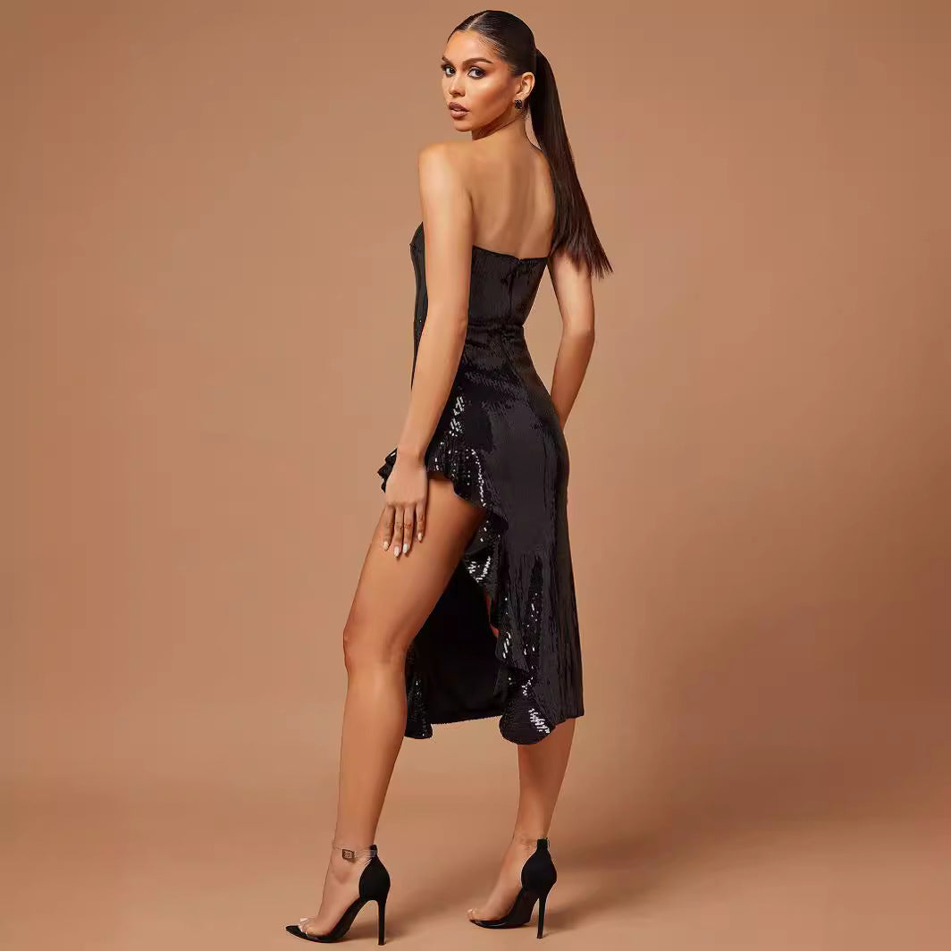 Sexy Off The Shoulder Tube Top Irregular Asymmetric Split Leg Long Slim Dress