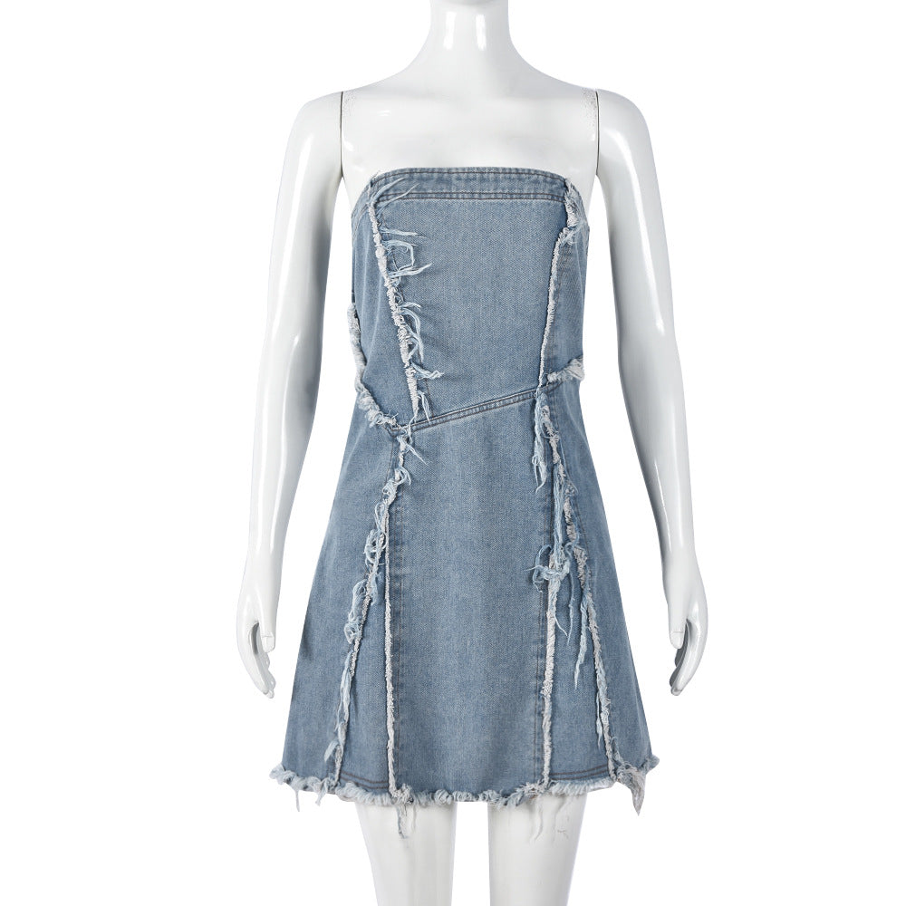 Women Clothing Spring Summer Off Neck Denim Washed Tassel Special Dress