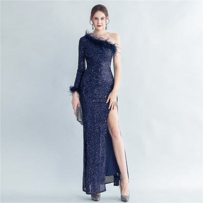 Craft Ostrich Feather Decorative Diagonal Shoulder Roman Collar Side Slit High End Evening Dress