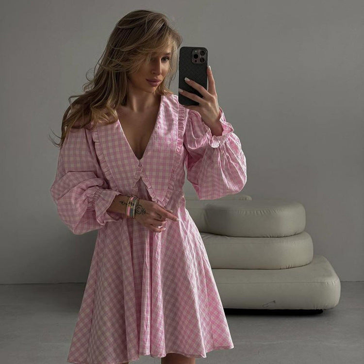 Women Clothing Office Design A line Dress Pink Plaid Butterfly Collar Long Sleeve Dress