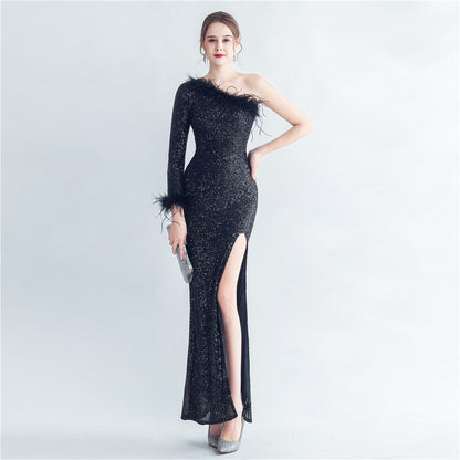 Craft Ostrich Feather Decorative Diagonal Shoulder Roman Collar Side Slit High End Evening Dress