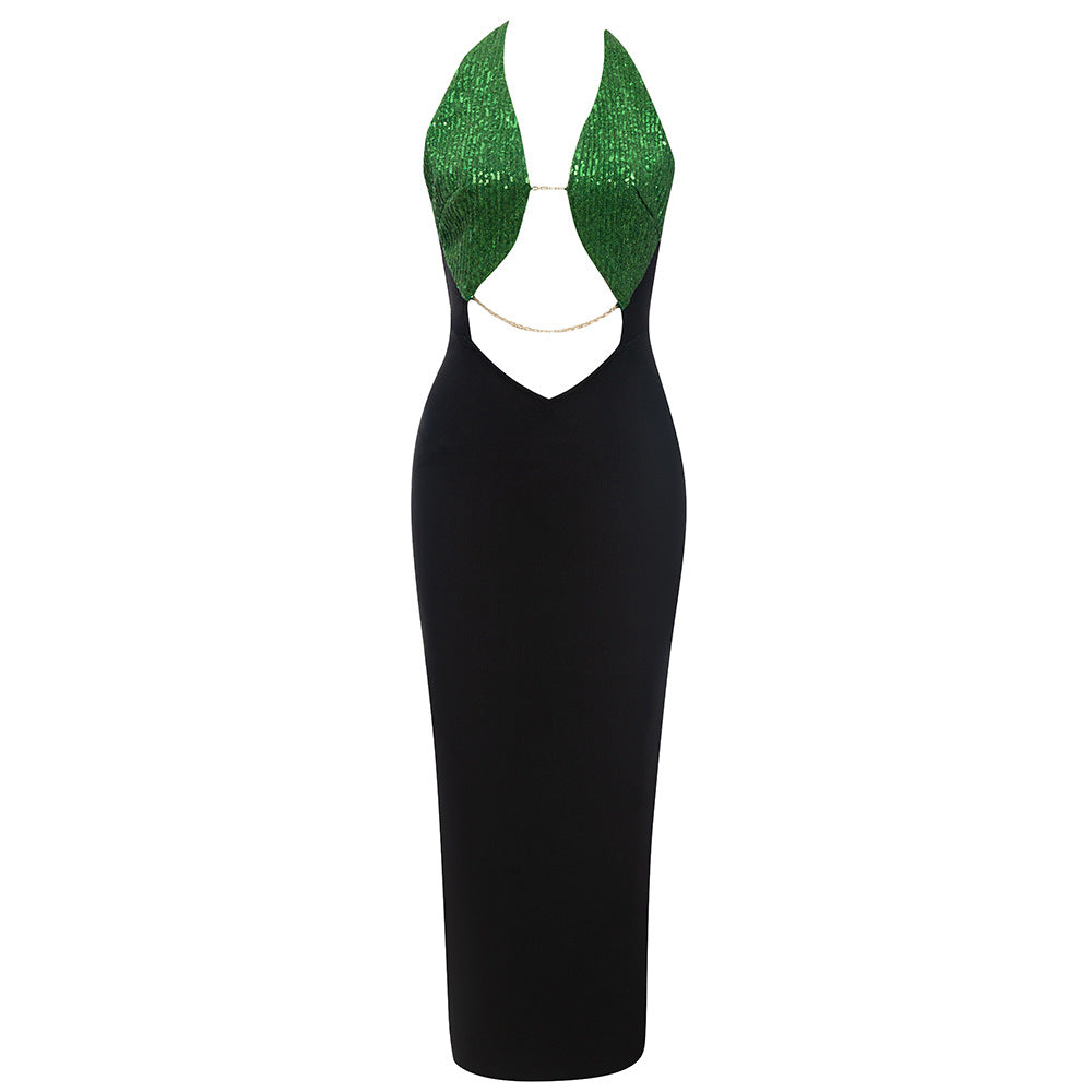 Simple Sexy Cutout Backless Halter Back Slit Slim Fit Dinner Party Bandage One Piece Dress Women