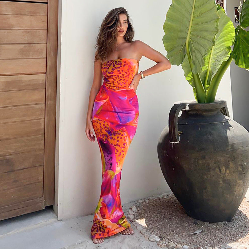 Women Clothing Summer Elegant Printed Sleeveless Tight High Waist Maxi Dress